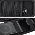 Black case interior securing a magnetic power bank with elastic straps and cable in the mesh pocket