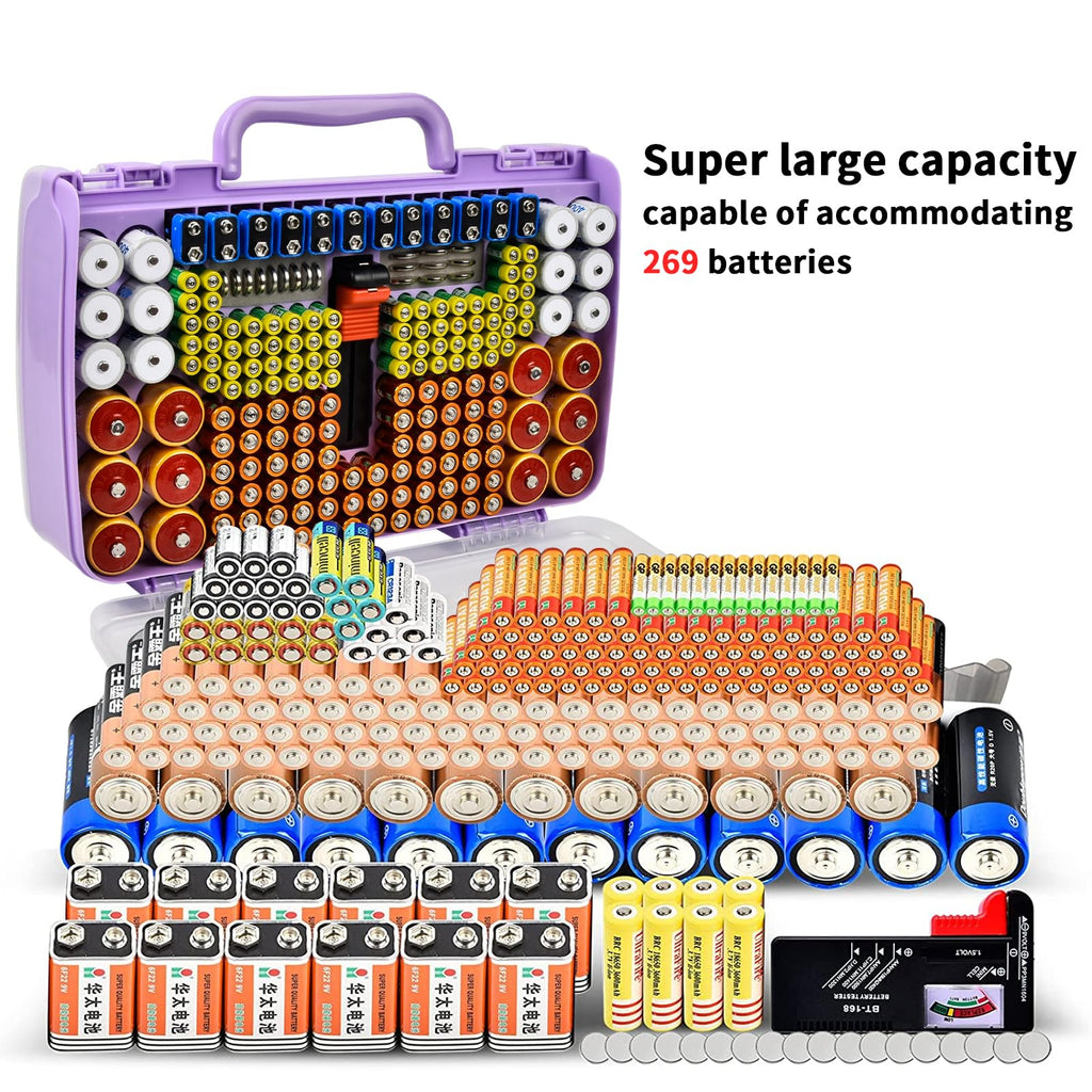Purple 269-slot battery organizer case large-capacity organizer shown with supported battery sizes