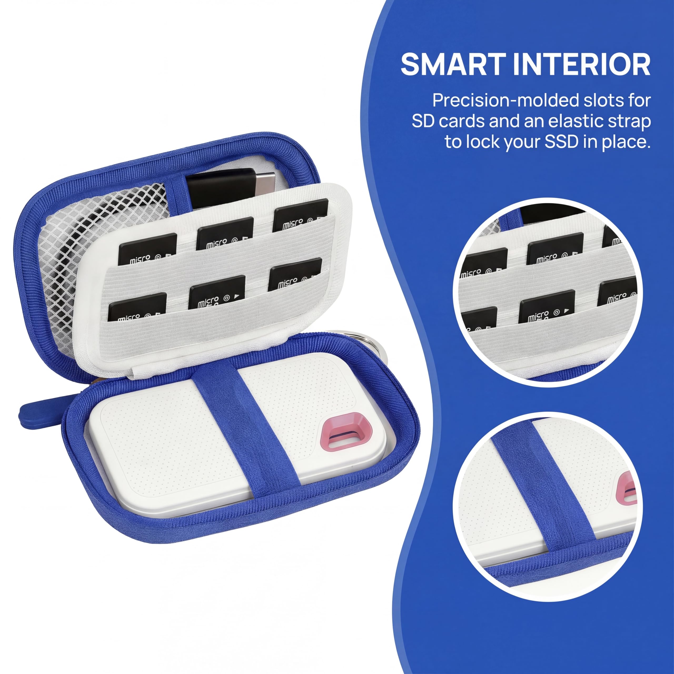 SanDisk SSD case interior with memory card slots and elastic drive holder