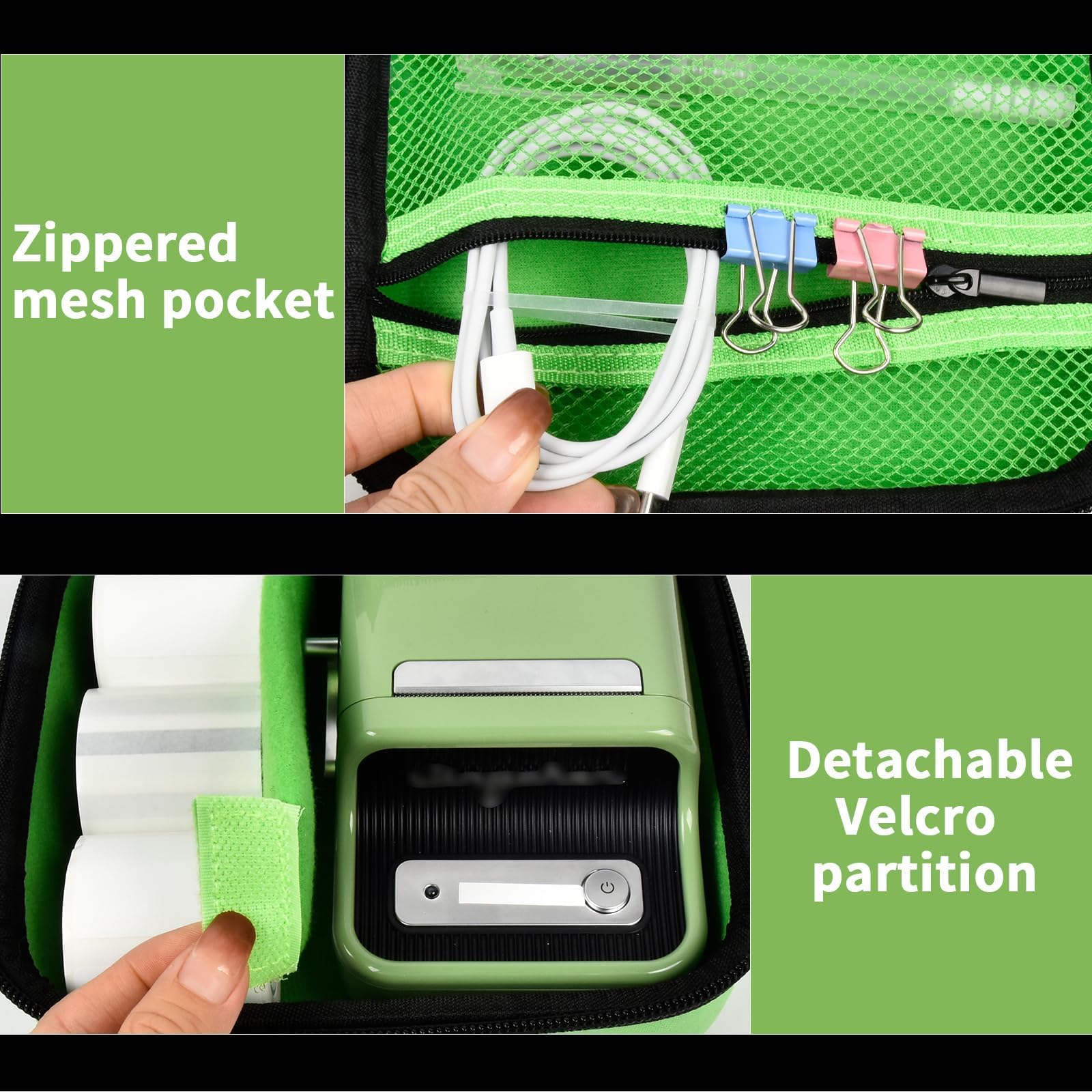 Bright green label maker case interior with zippered mesh pocket and removable partition