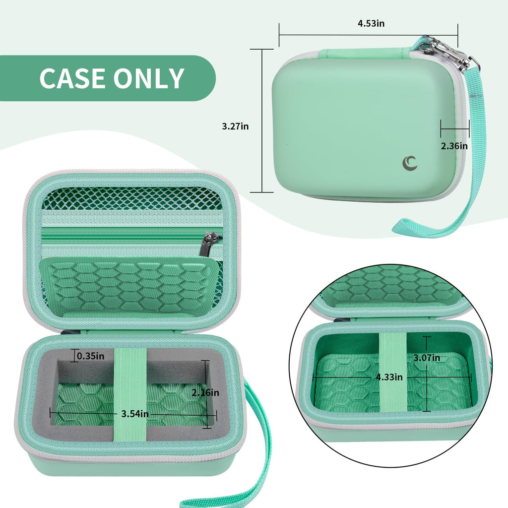 Open mint green camera case with internal dimensions and wrist strap; case only