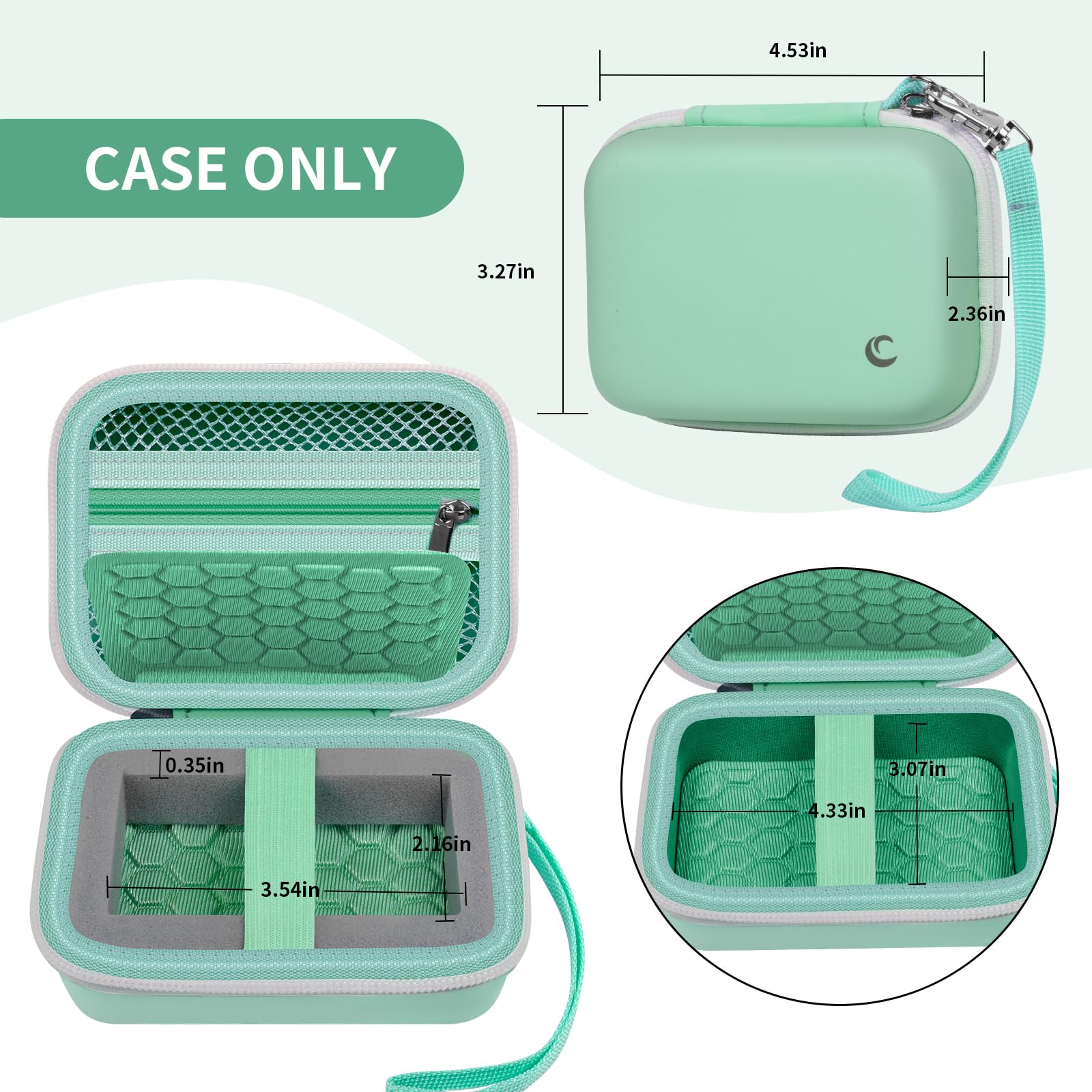 Open mint green camera case with internal dimensions and wrist strap; case only