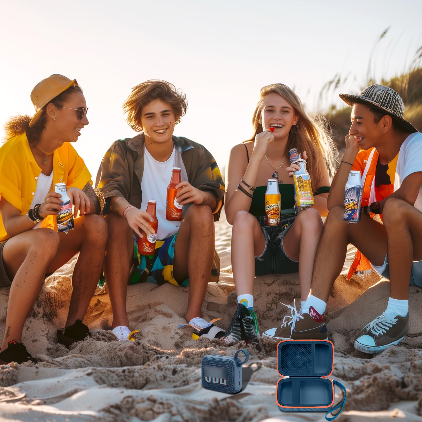 Friends using a JBL Go speaker with the open blue and orange travel case at the beach