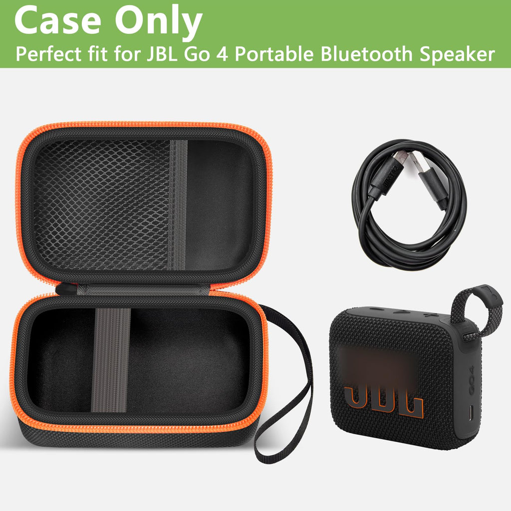 Open black and orange JBL Go speaker case with mesh cable pocket and elastic retaining strap; case only