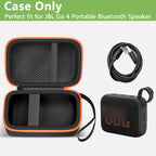 Open black and orange JBL Go speaker case with mesh cable pocket and elastic retaining strap; case only
