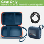 Open blue and orange JBL Go speaker case with mesh cable pocket and elastic retaining strap; case only