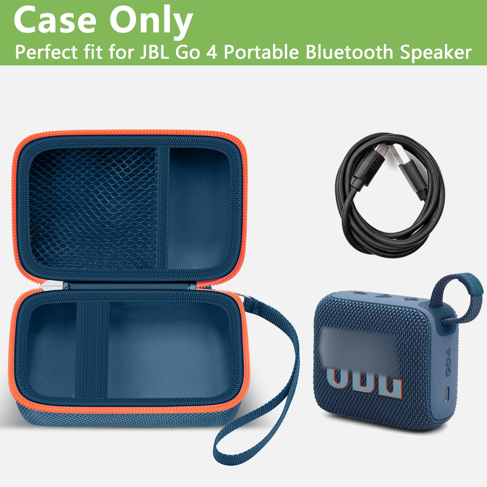 Open blue and orange JBL Go speaker case with mesh cable pocket and elastic retaining strap; case only