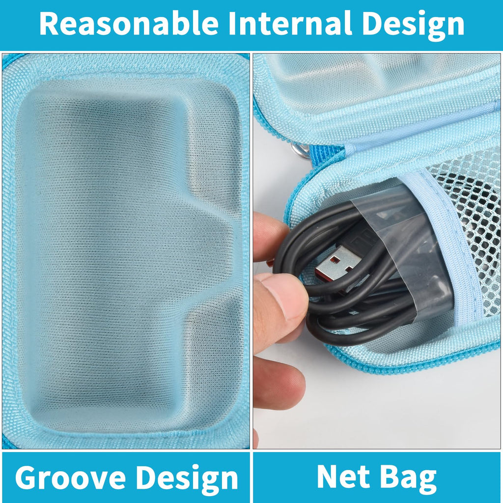 Blue charger case interior with molded groove and mesh cable pocket