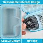 Blue charger case interior with molded groove and mesh cable pocket