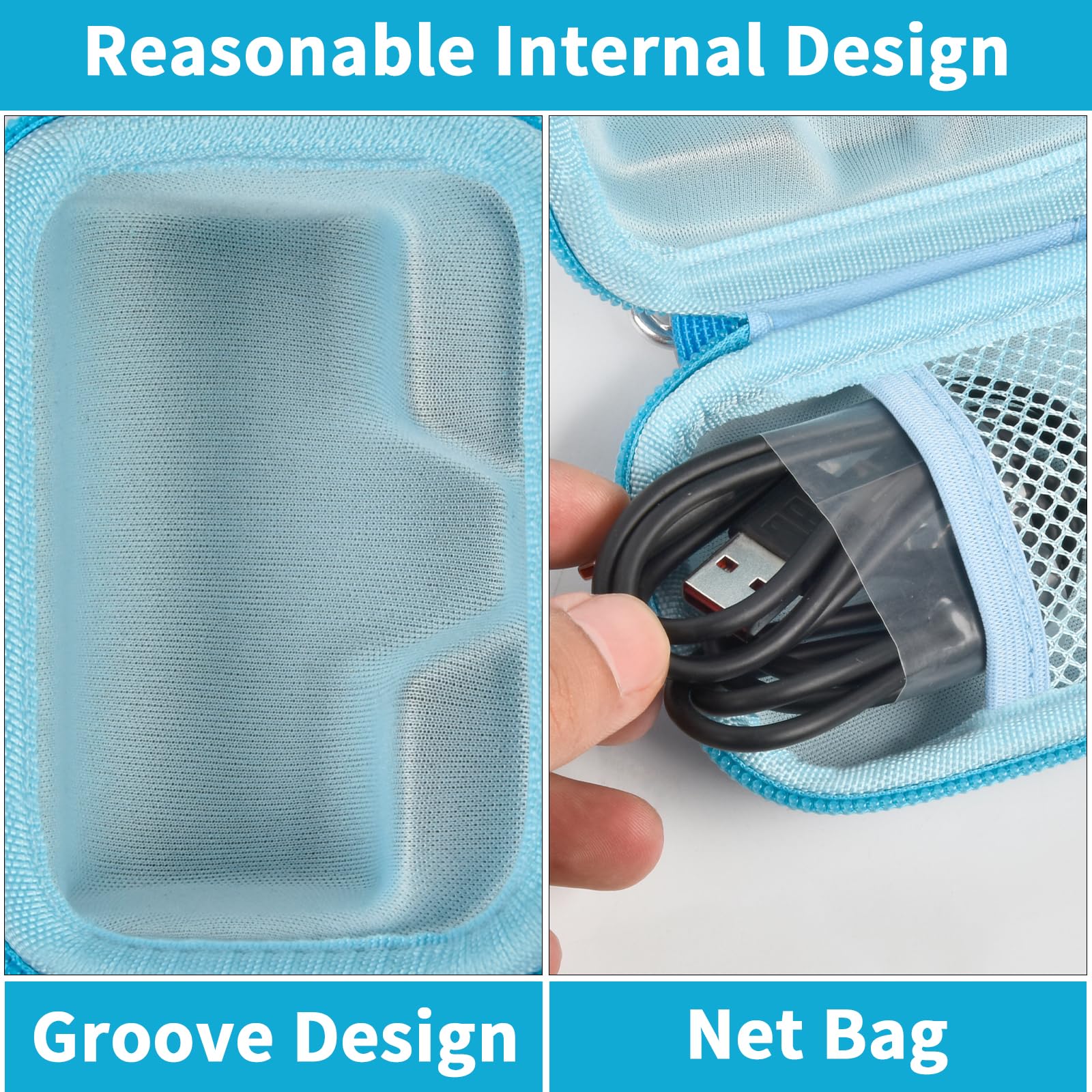 Blue charger case interior with molded groove and mesh cable pocket