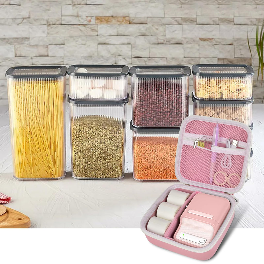 Open pink NIIMBOT case organizing a label maker and accessories in a kitchen