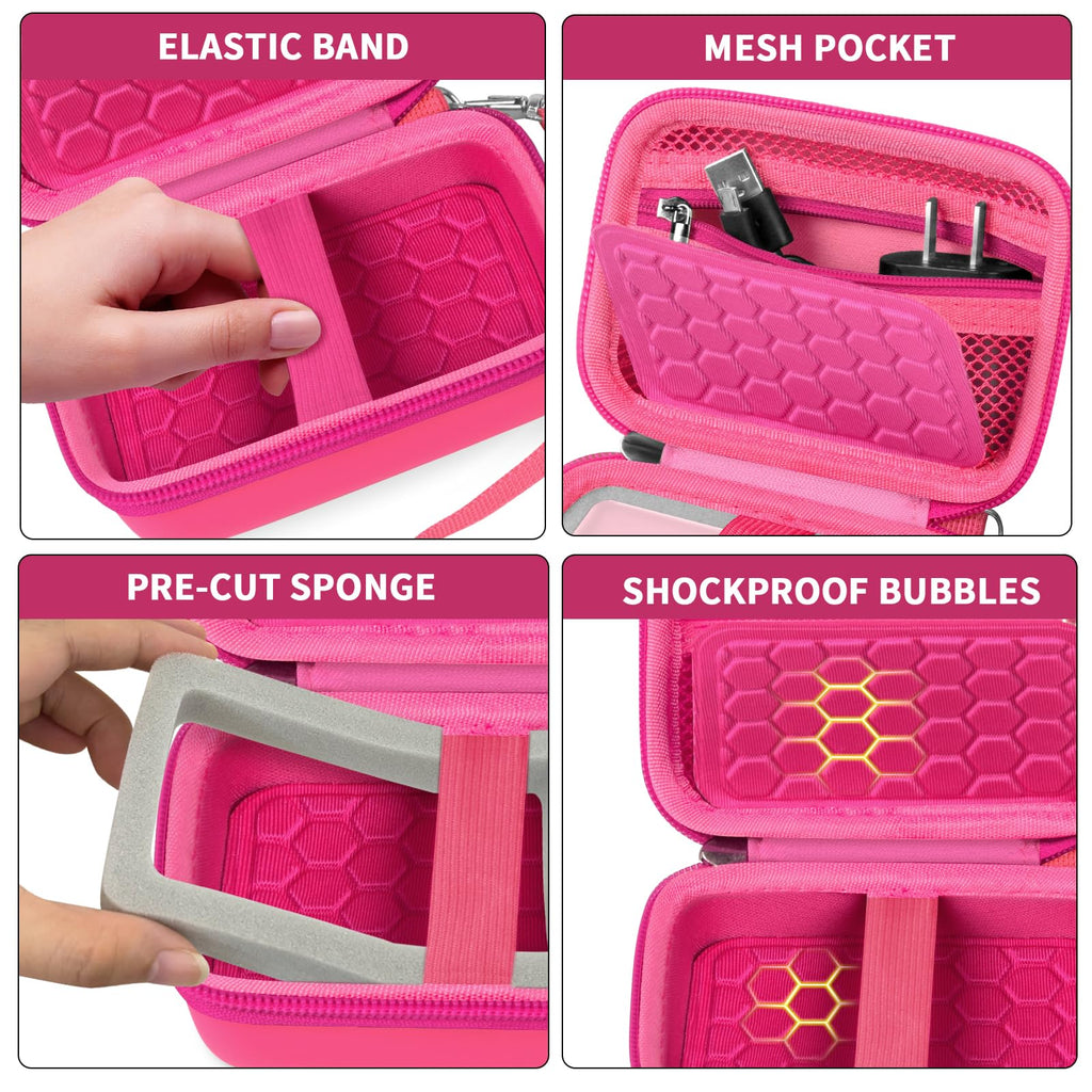 Bright pink camera case interior with elastic strap, mesh pocket, foam insert, and shock-absorbing padding