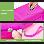 Magenta protective digital camera case scratch-resistant shell, zipper and wrist strap detail