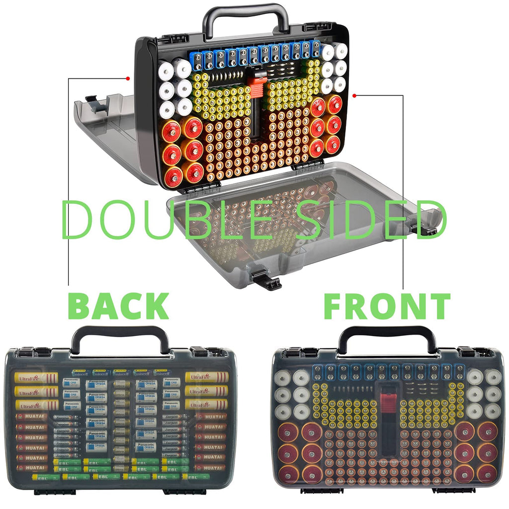 Dark gray 269-slot battery organizer case double-sided front and back storage layout