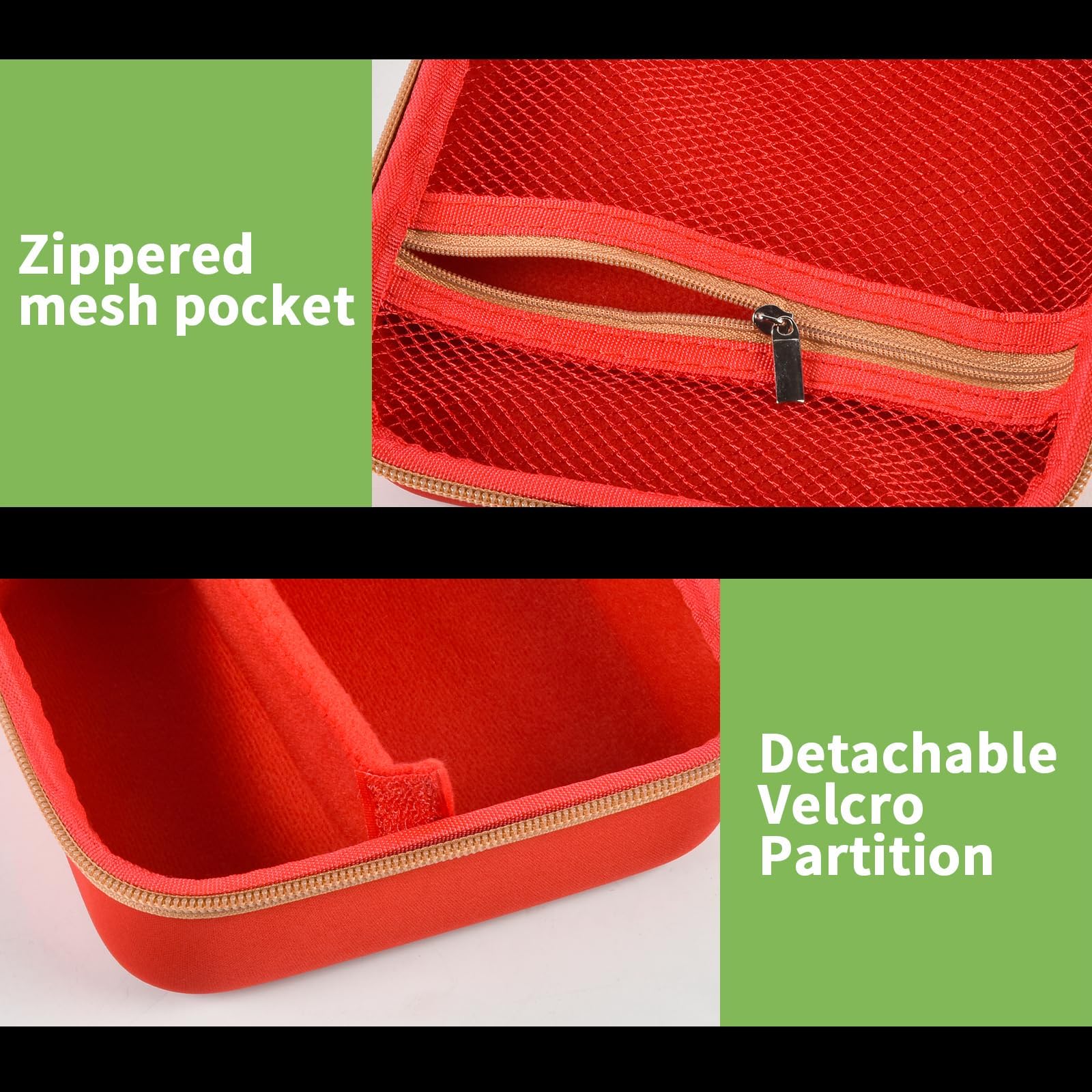 Red label maker case interior with zippered mesh pocket and removable partition