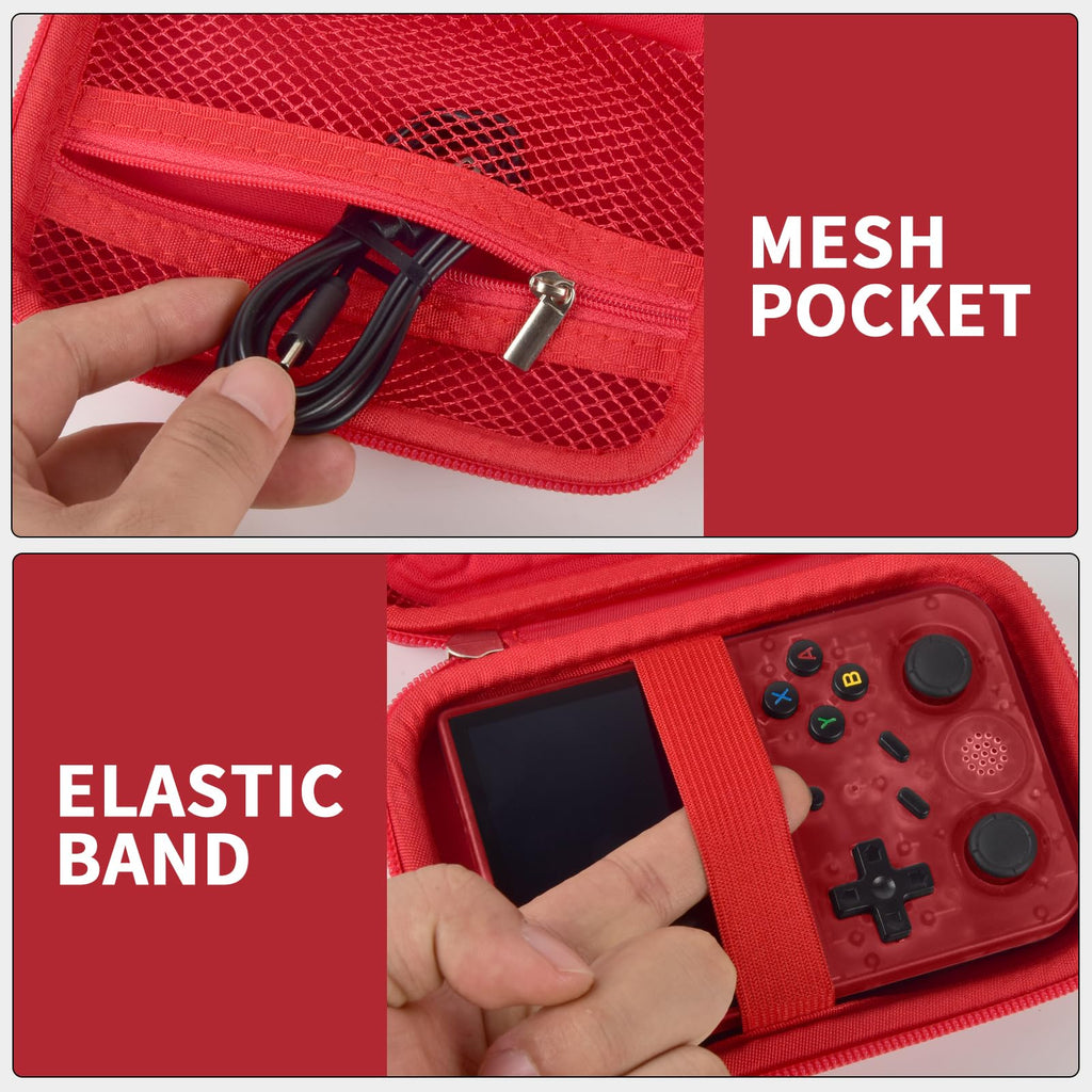 Red retro handheld console carrying case mesh cable pocket and elastic console strap interior