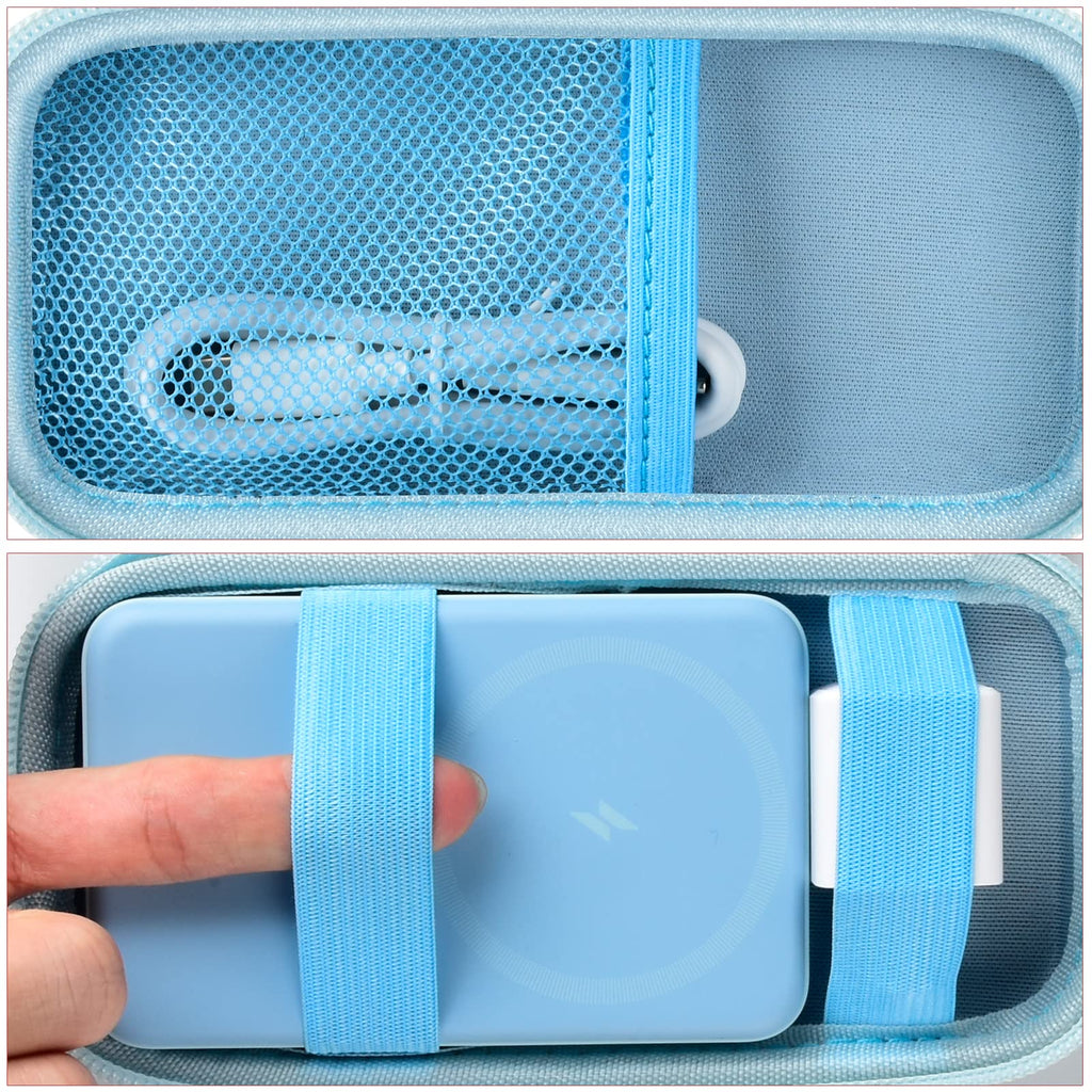Blue case interior securing a magnetic power bank with elastic straps and charging cable in the mesh pocket