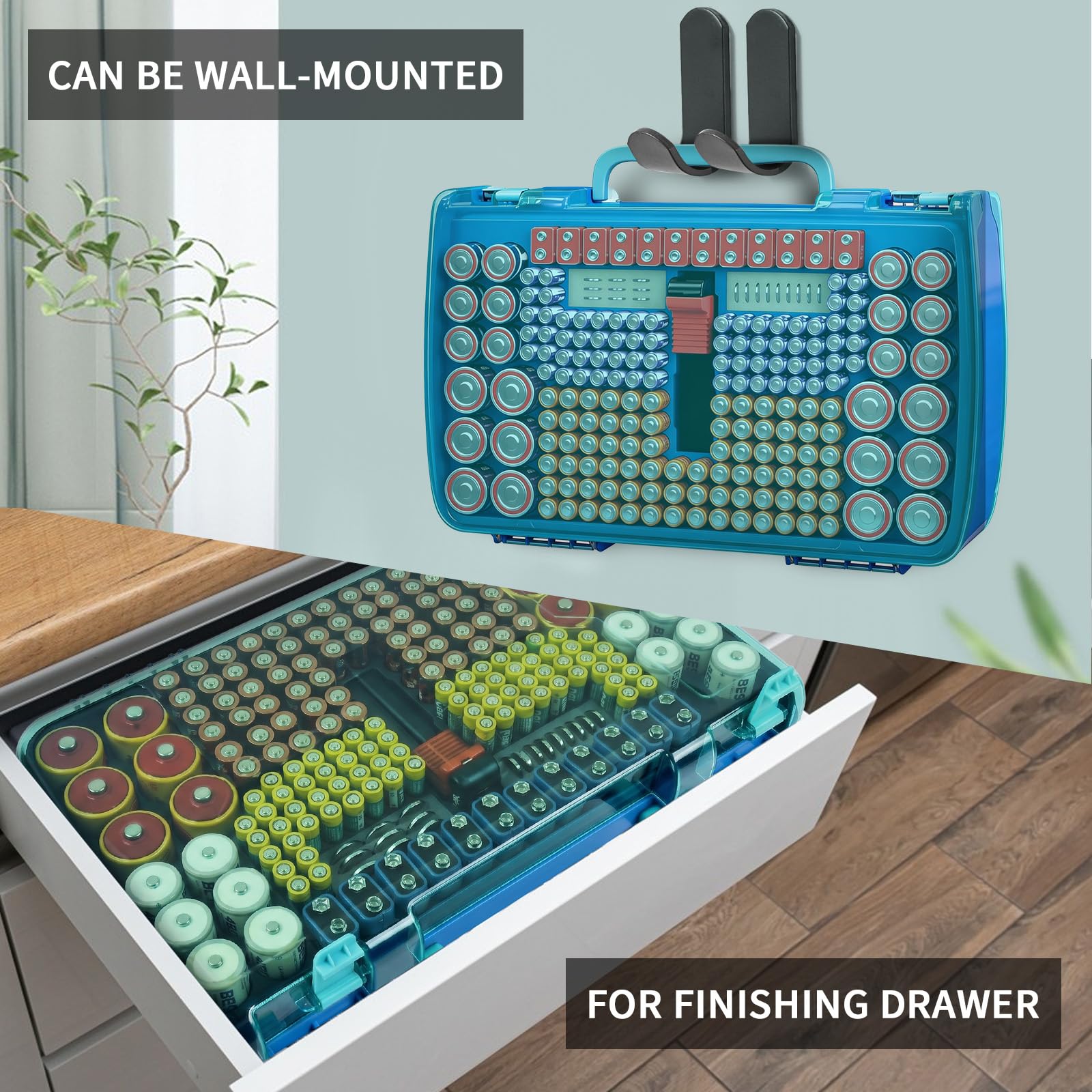 Turquoise blue 269-slot battery organizer case wall-mounted and drawer-storage options