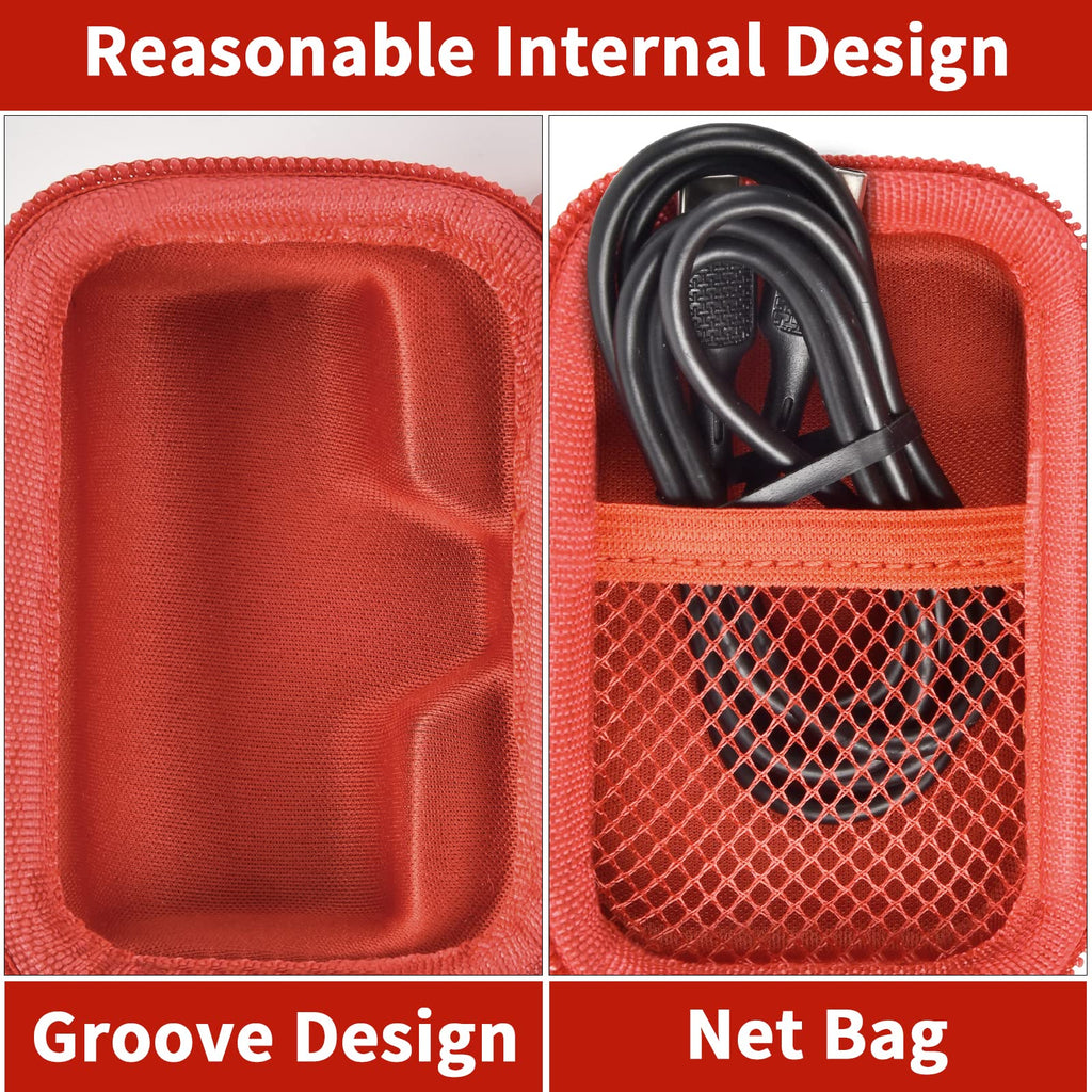 Red charger case interior with molded groove and mesh cable pocket