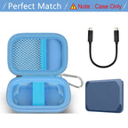 Open blue Crucial X9 and X10 portable SSD case with mesh cable pocket and elastic strap; case only