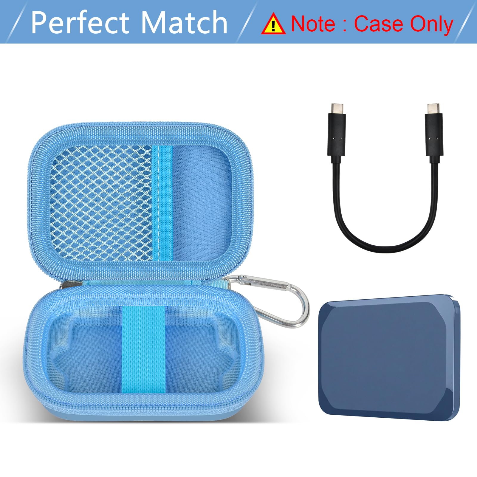 Open blue Crucial X9 and X10 portable SSD case with mesh cable pocket and elastic strap; case only