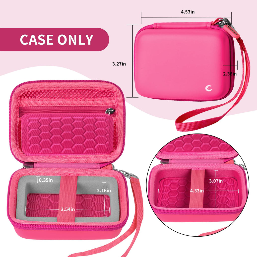 Open bright pink camera case with internal dimensions and wrist strap; case only