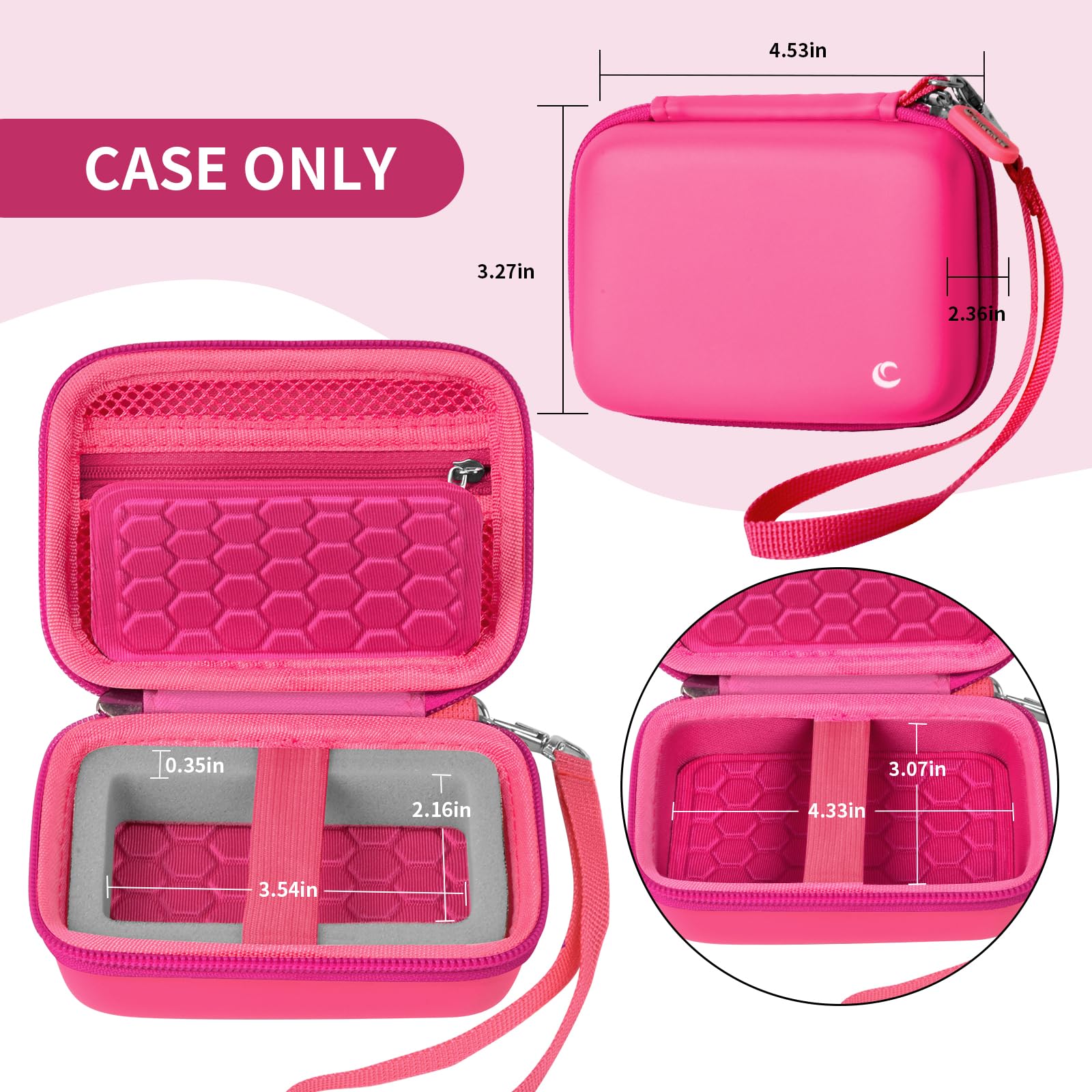 Open bright pink camera case with internal dimensions and wrist strap; case only