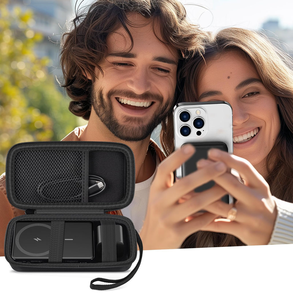 Black power bank case beside a couple using a magnetic battery with a phone