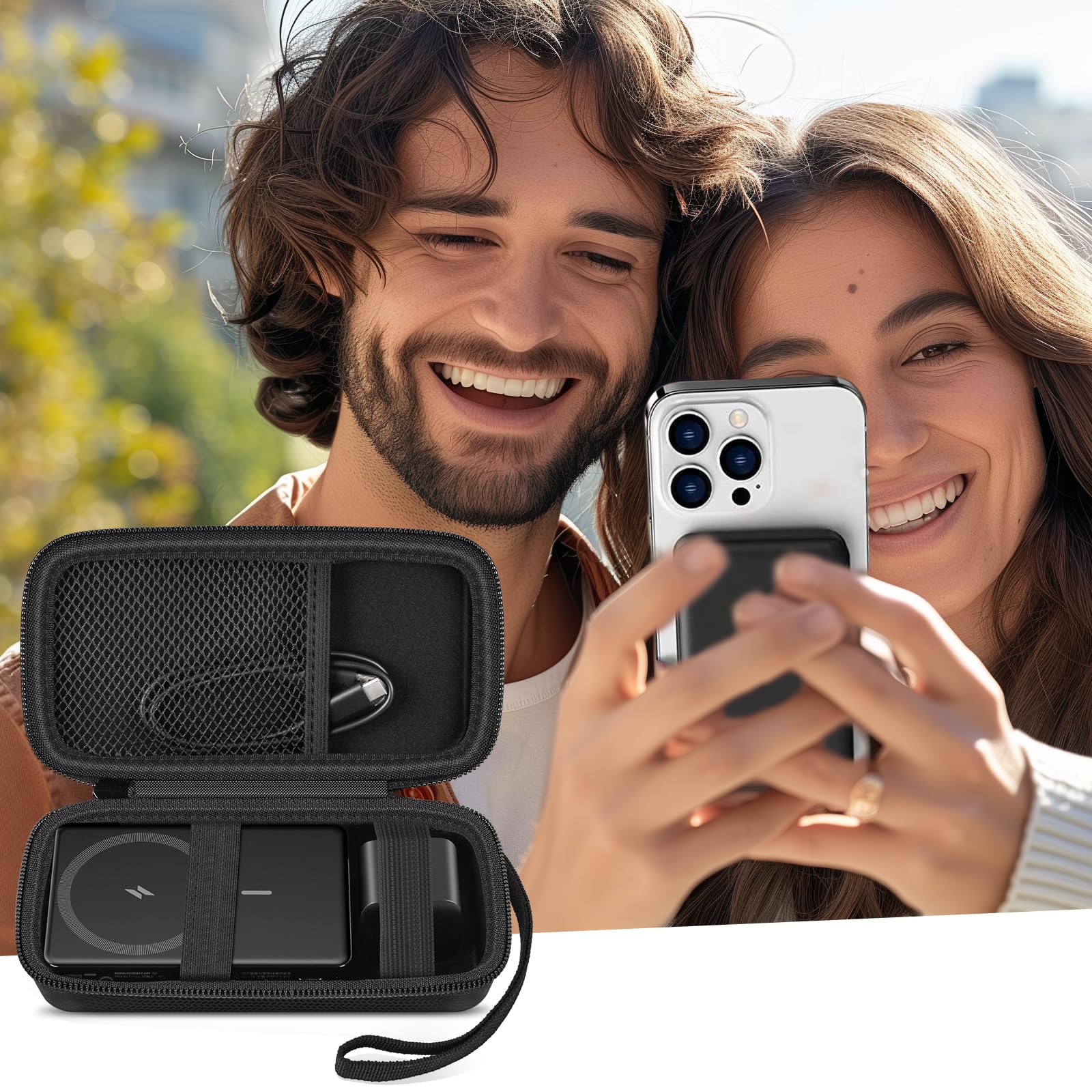 Black power bank case beside a couple using a magnetic battery with a phone