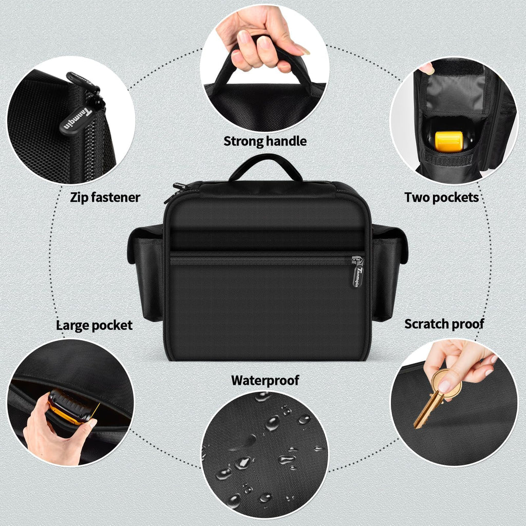 Black air compressor bag with handle, zipper, two pockets, waterproof fabric, and scratch-resistant shell