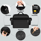 Black air compressor bag with handle, zipper, two pockets, waterproof fabric, and scratch-resistant shell