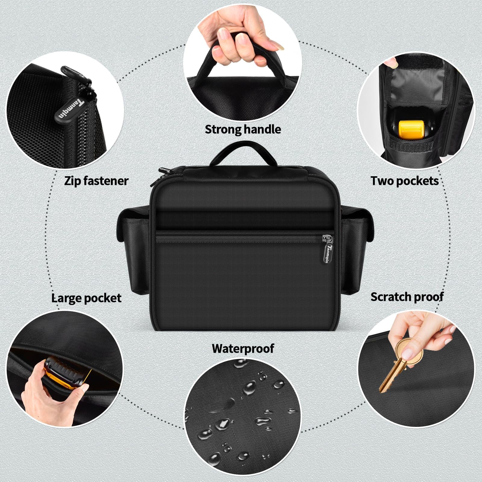 Black air compressor bag with handle, zipper, two pockets, waterproof fabric, and scratch-resistant shell