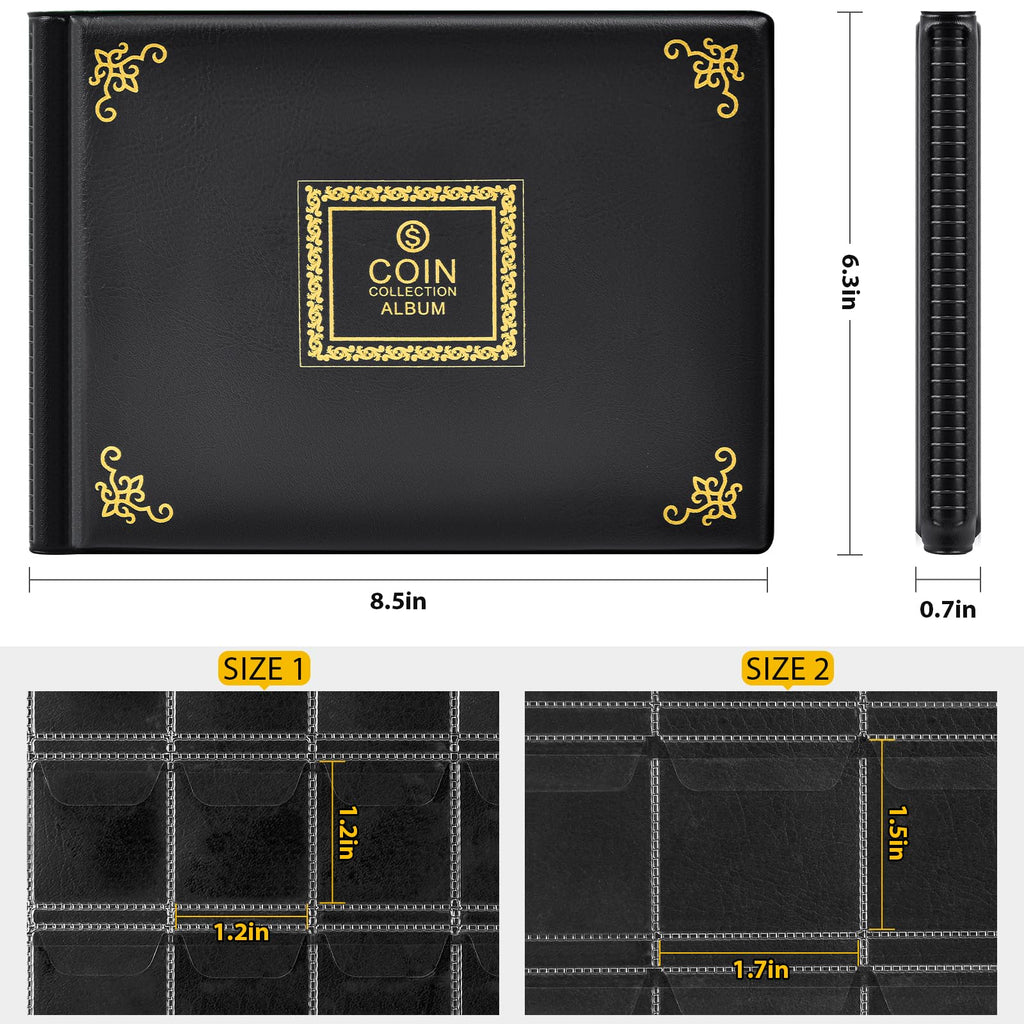 Black coin album dimensions and pocket sizes for small and large coins