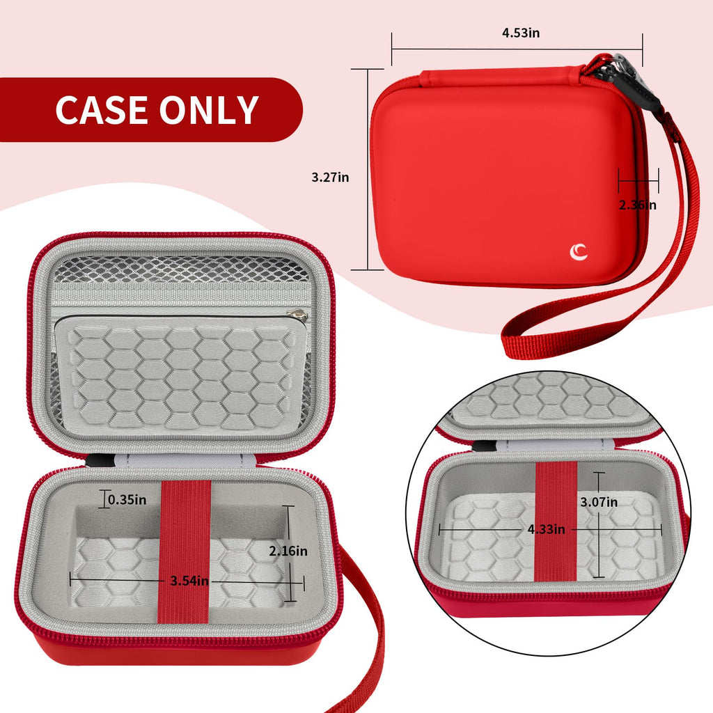 Open red camera case with internal dimensions and wrist strap; case only