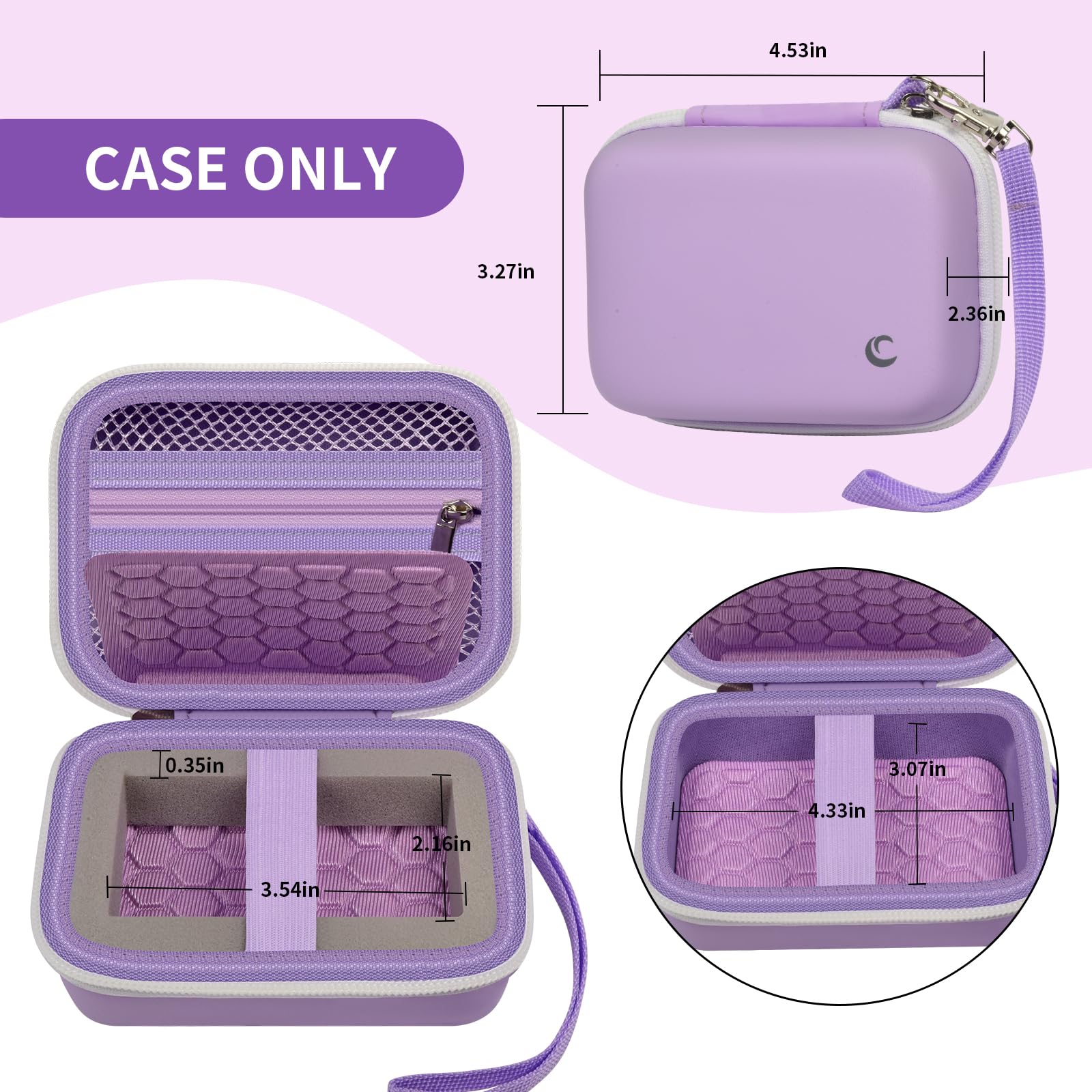 Open lavender camera case with internal dimensions and wrist strap; case only