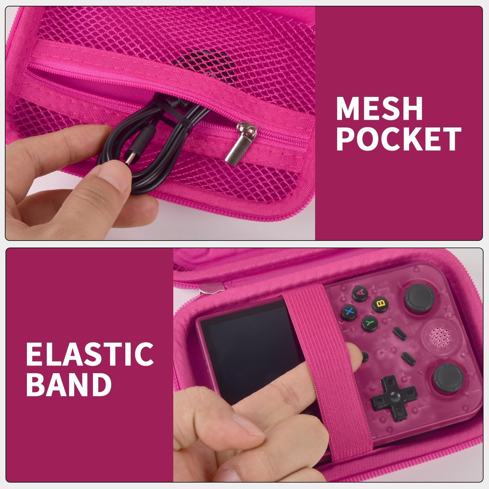 Pink retro handheld console carrying case mesh cable pocket and elastic console strap interior
