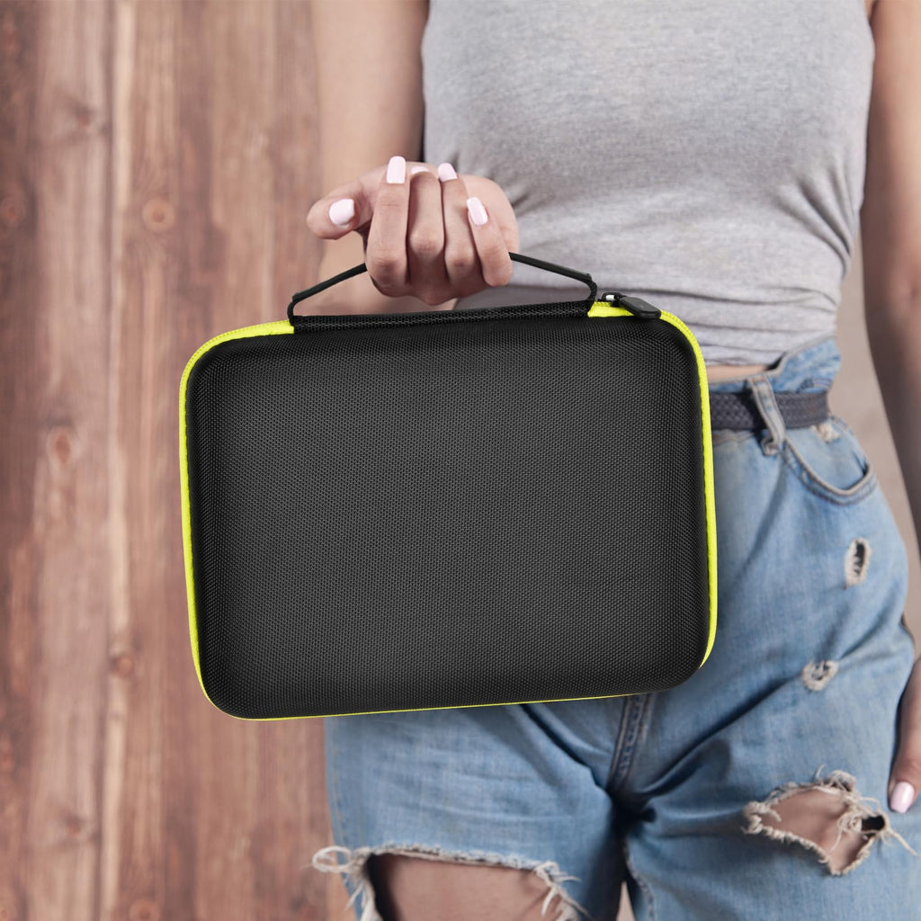 Person carrying the black and neon yellow label maker case by its handle