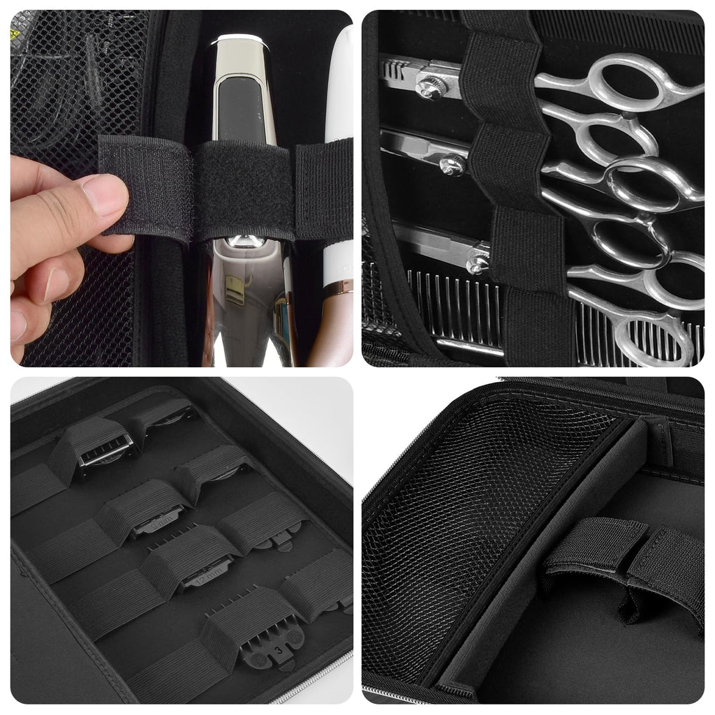 Black clipper case interior with elastic holders for clippers, guards, scissors, and combs