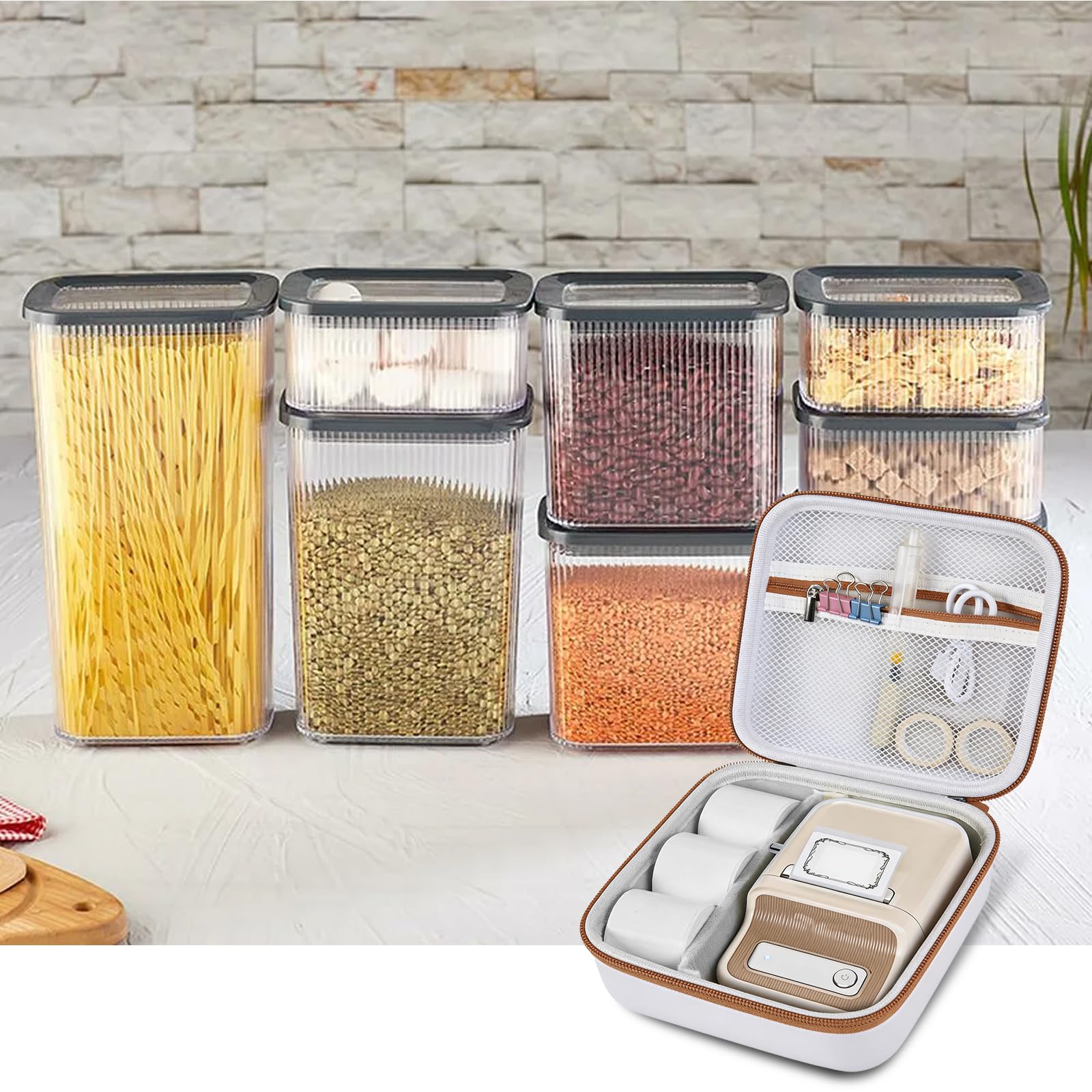 Open white and tan NIIMBOT case organizing a label maker and accessories in a kitchen