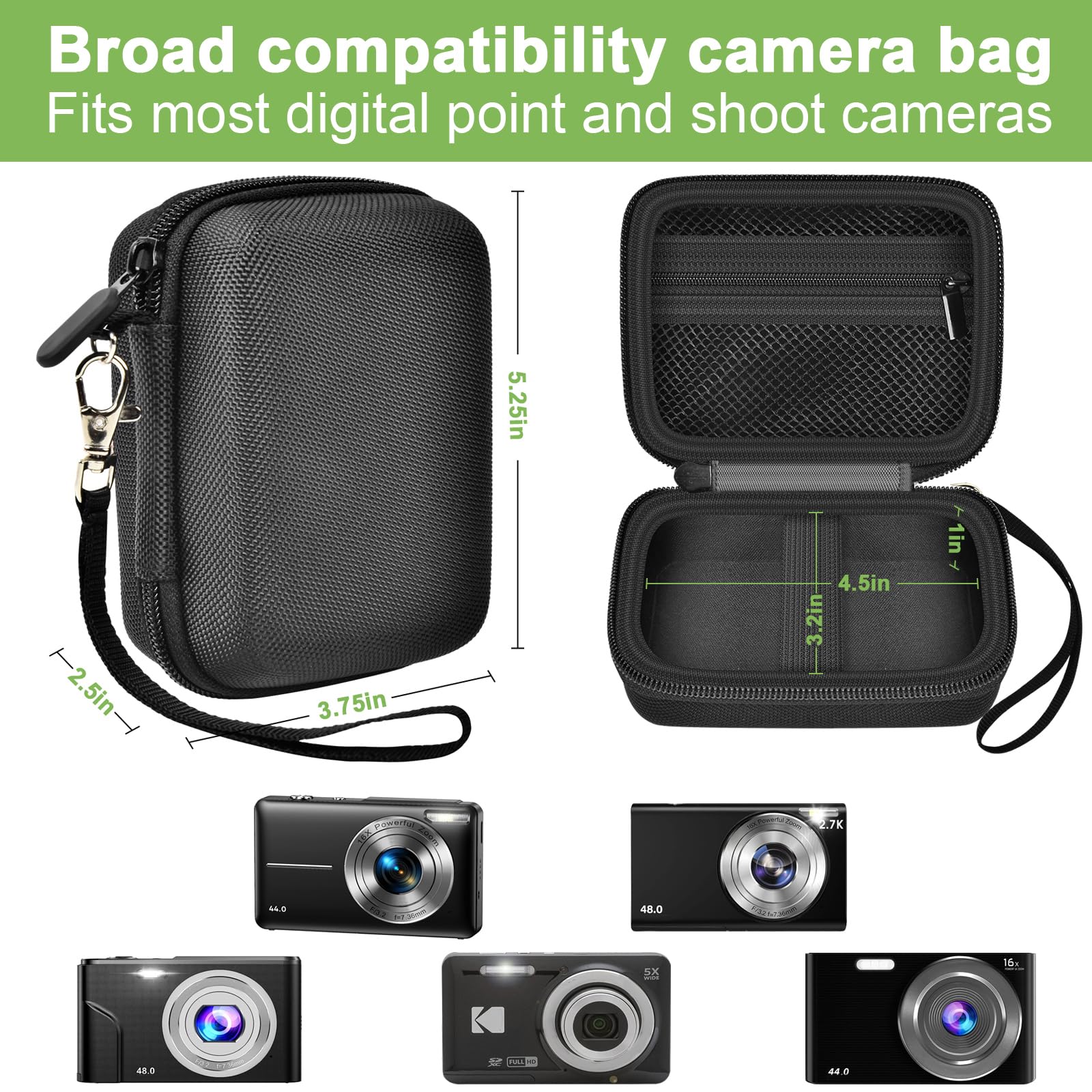 Black protective digital camera case compatibility and interior dimensions overview