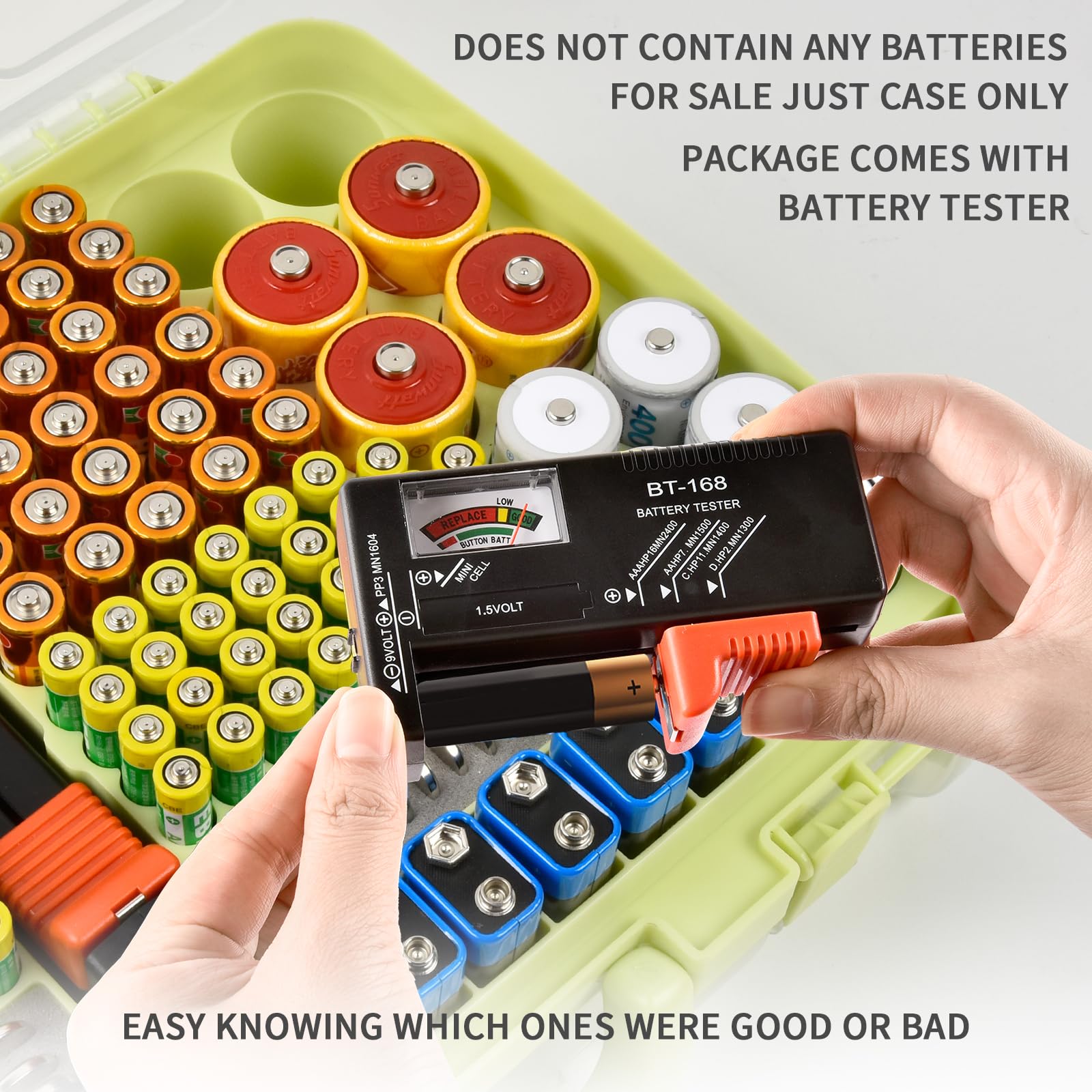 Lime green 269-slot battery organizer case included battery tester checking battery condition
