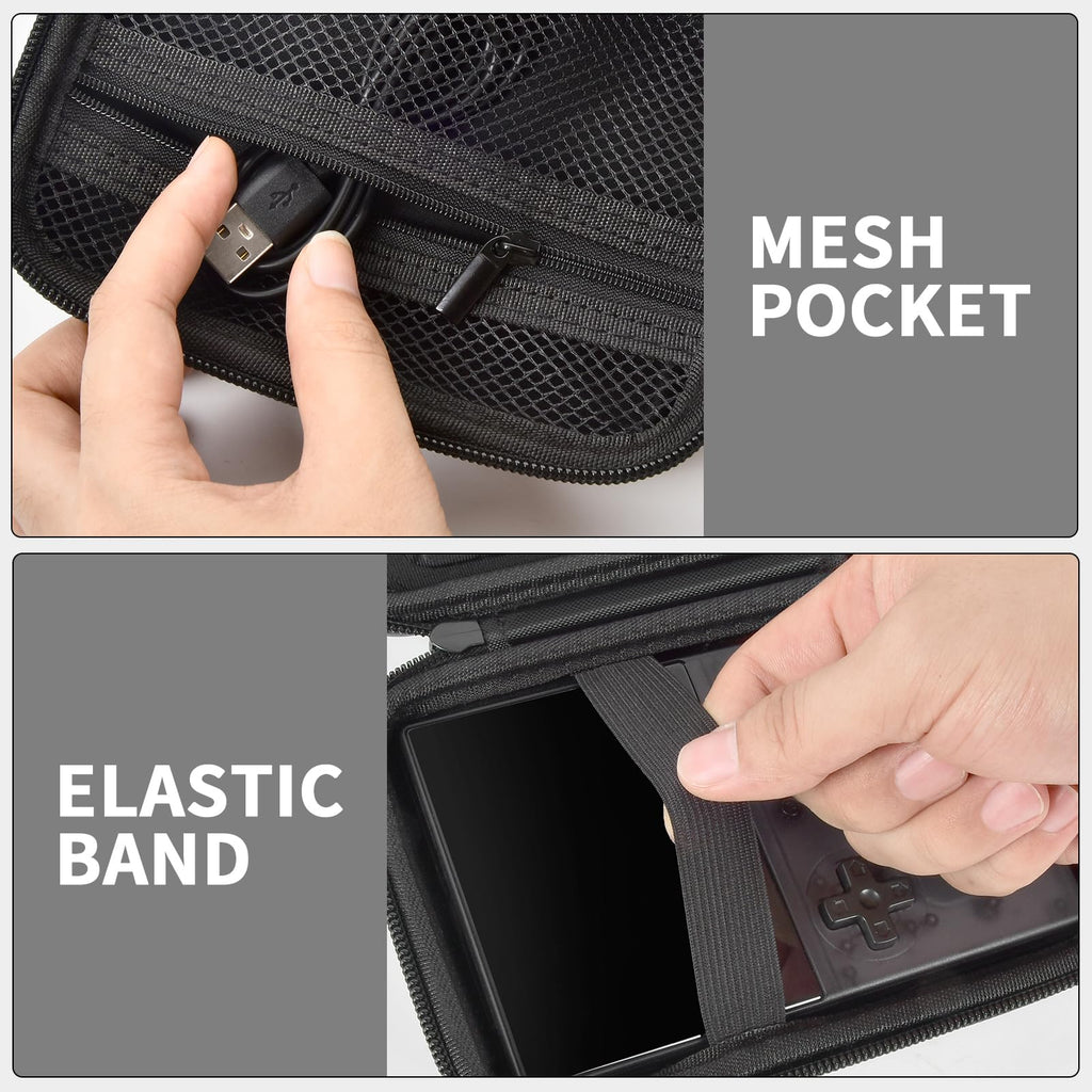 Black retro handheld console carrying case for RG40XX V mesh cable pocket and elastic console strap interior