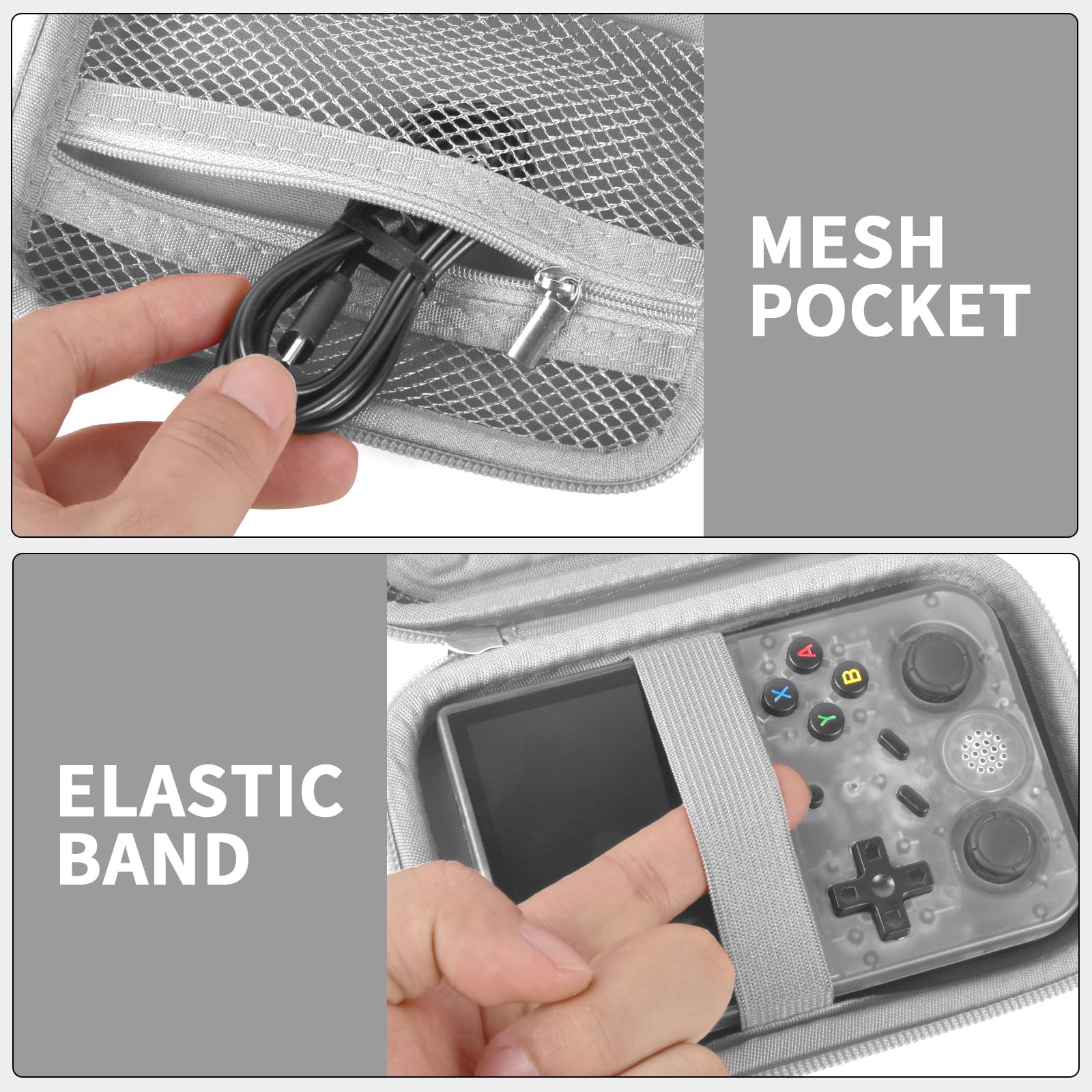 Gray retro handheld console carrying case mesh cable pocket and elastic console strap interior