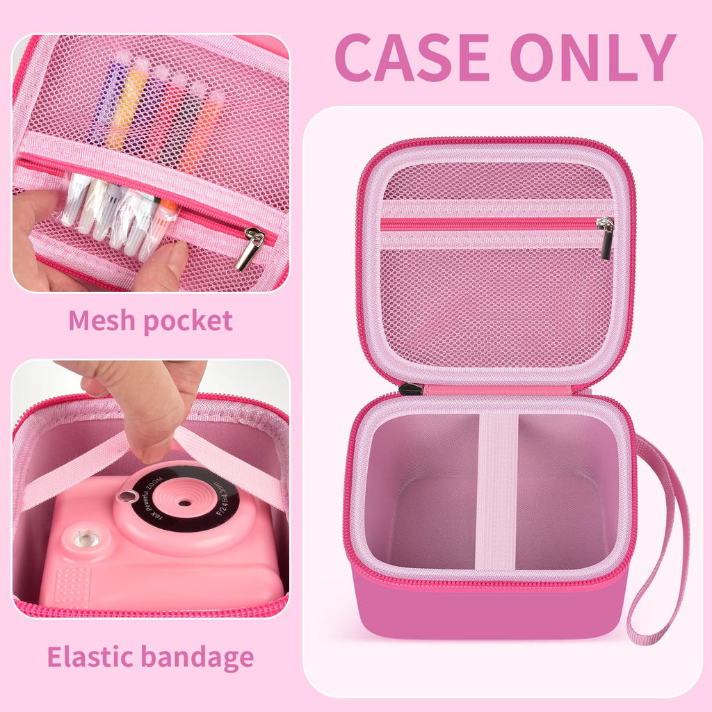 Pink bear-shaped kids instant print camera case open interior with mesh pocket and elastic strap
