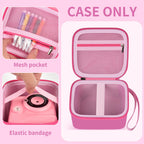 Pink bear-shaped kids instant print camera case open interior with mesh pocket and elastic strap