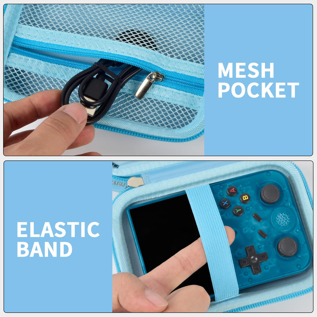 Light blue retro handheld console carrying case mesh cable pocket and elastic console strap interior
