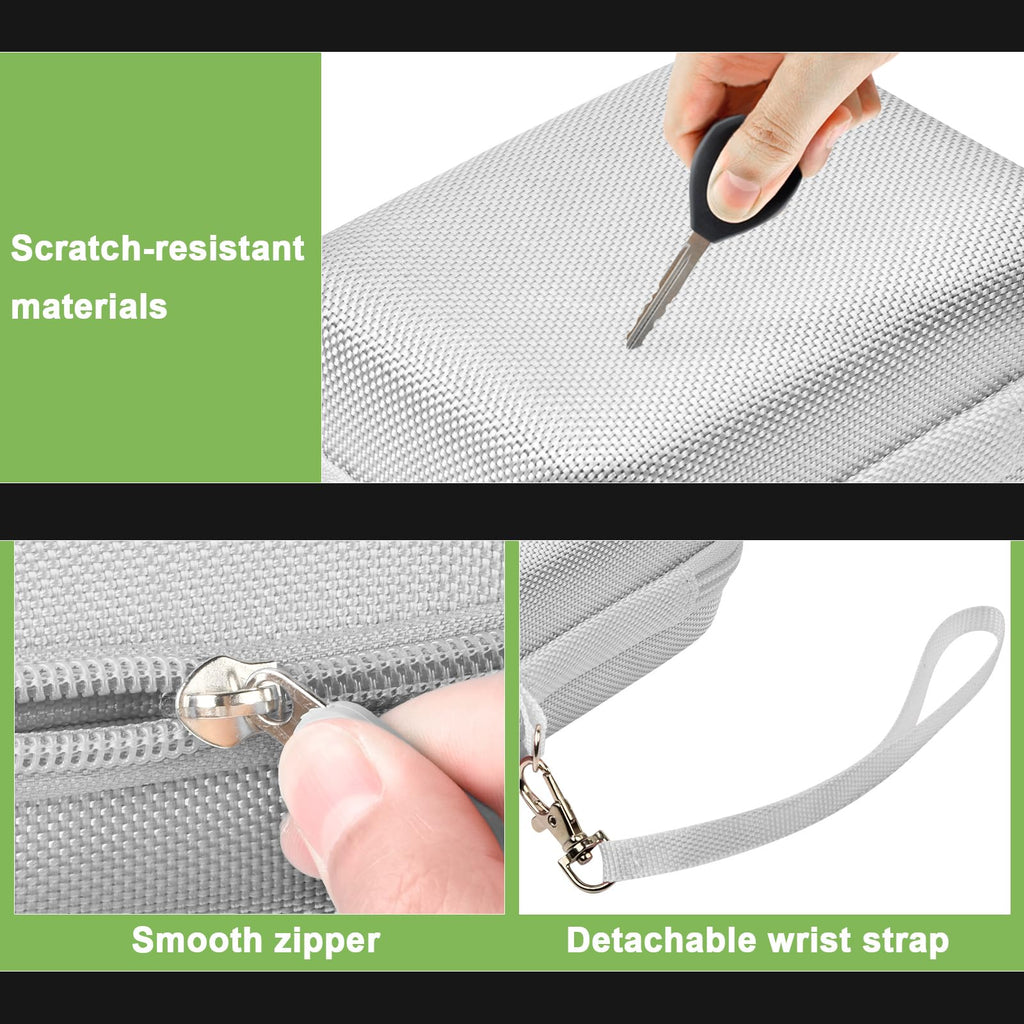 White protective digital camera case scratch-resistant shell, zipper and wrist strap detail