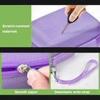 Lavender protective digital camera case scratch-resistant shell, zipper and wrist strap detail