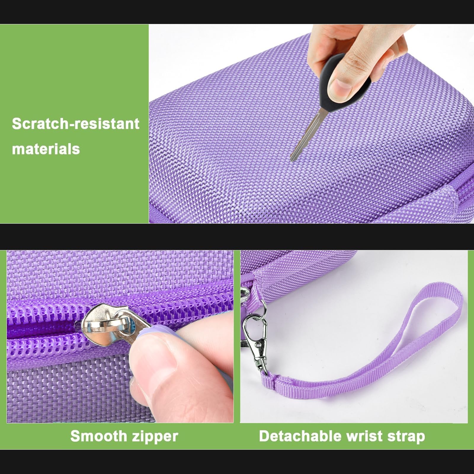 Lavender protective digital camera case scratch-resistant shell, zipper and wrist strap detail