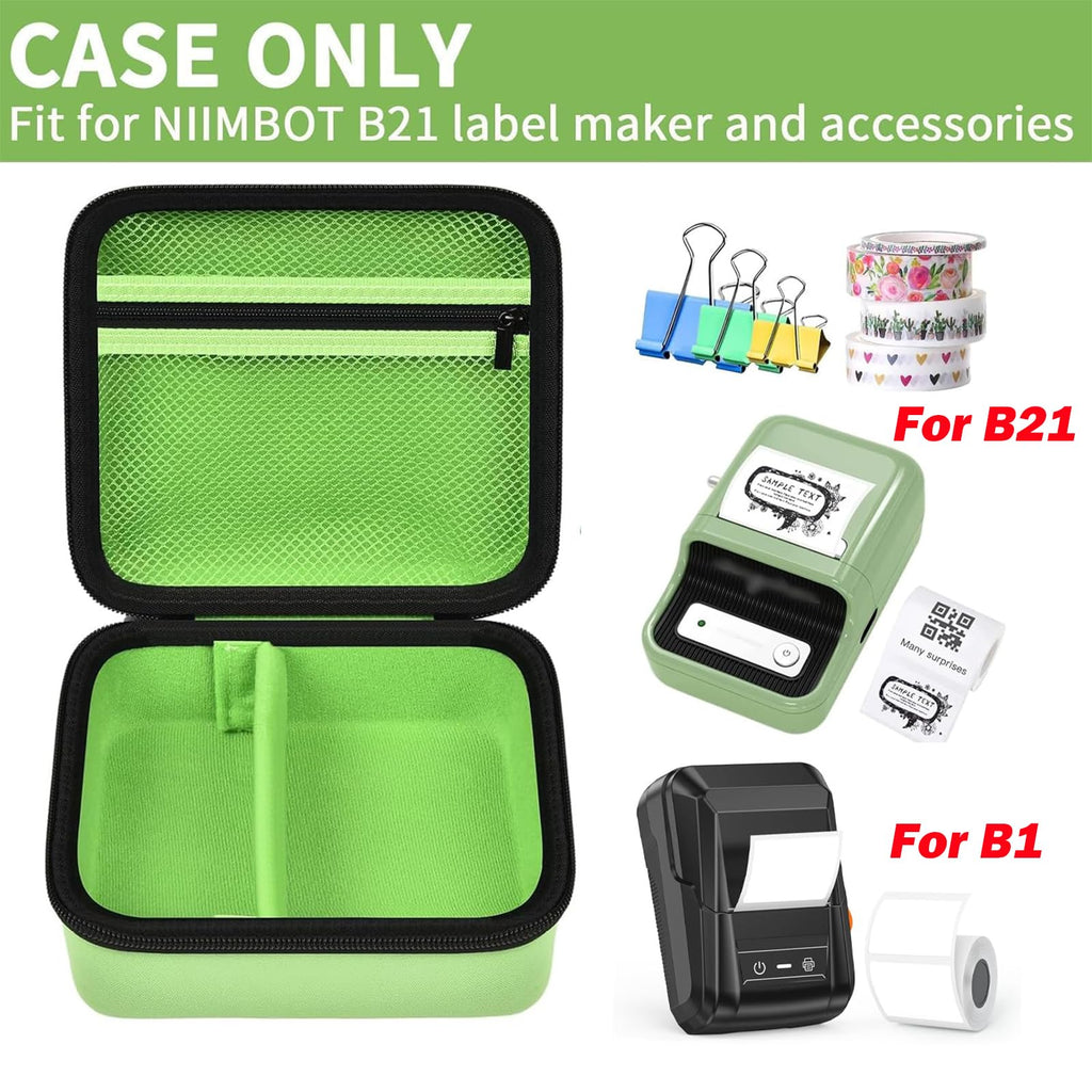 Open bright green NIIMBOT B21 and B1 label maker case with mesh pocket and divided interior; case only